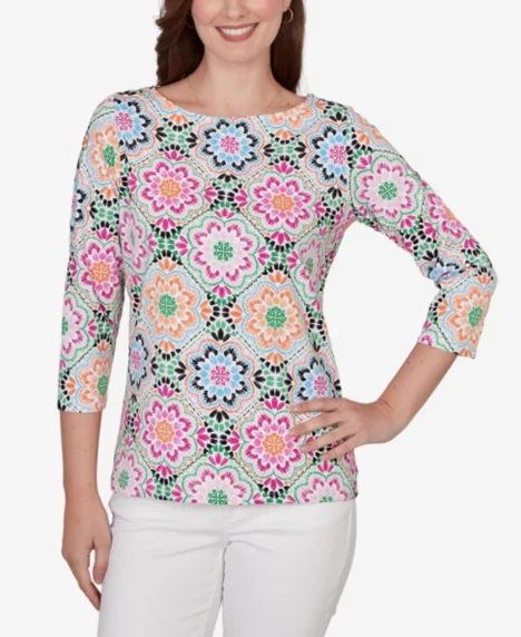 Petite Kaleidoscope Floral Boat Neck Knit Top - Spring Green Multi