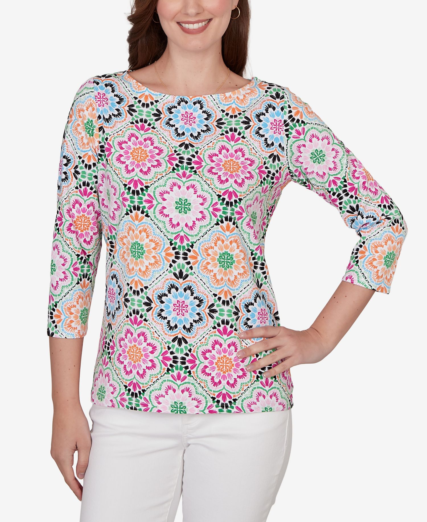Petite Kaleidoscope Floral Boat Neck Knit Top