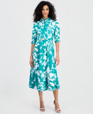 Women's Elbow-Sleeve Waist Tuck Midi Shirtdress