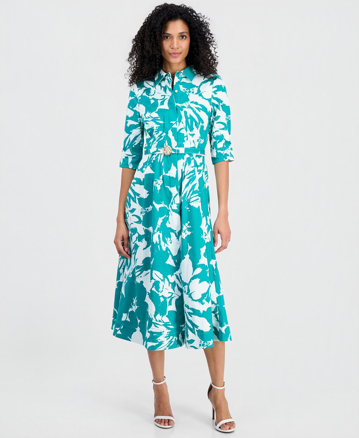 Anne Klein Women's Elbow-Sleeve Waist Tuck Midi Shirtdress view 1 — MAYCSS fashion products