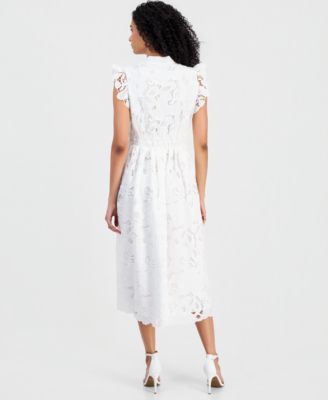 Women's Mandarin-Collar Ruffle-Sleeve Midi Dress