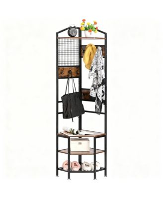 4-Tier Corner Storage Rack with Hooks and Shelves
