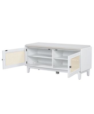 Rattan Shoe Storage Bench, Wooden Shoe Organizer with Cushion, 2 Doors, 2-Tier Shoe Rack and Adjustable Shelves for Entryway, Hallway