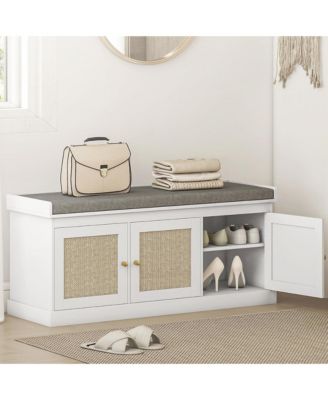 Shoe Storage Bench - Entryway Organizer with Woven Rattan Doors, Adjustable Shelves and Removable Cushion Cover for Hallway
