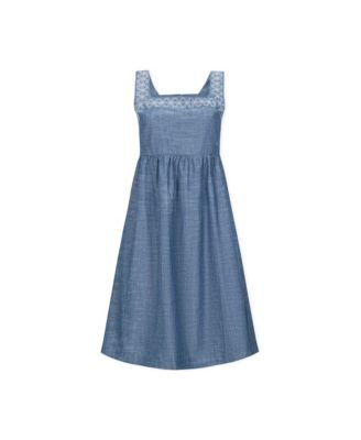 Women's Organic Sleeveless Chambray Dress with Embroidery