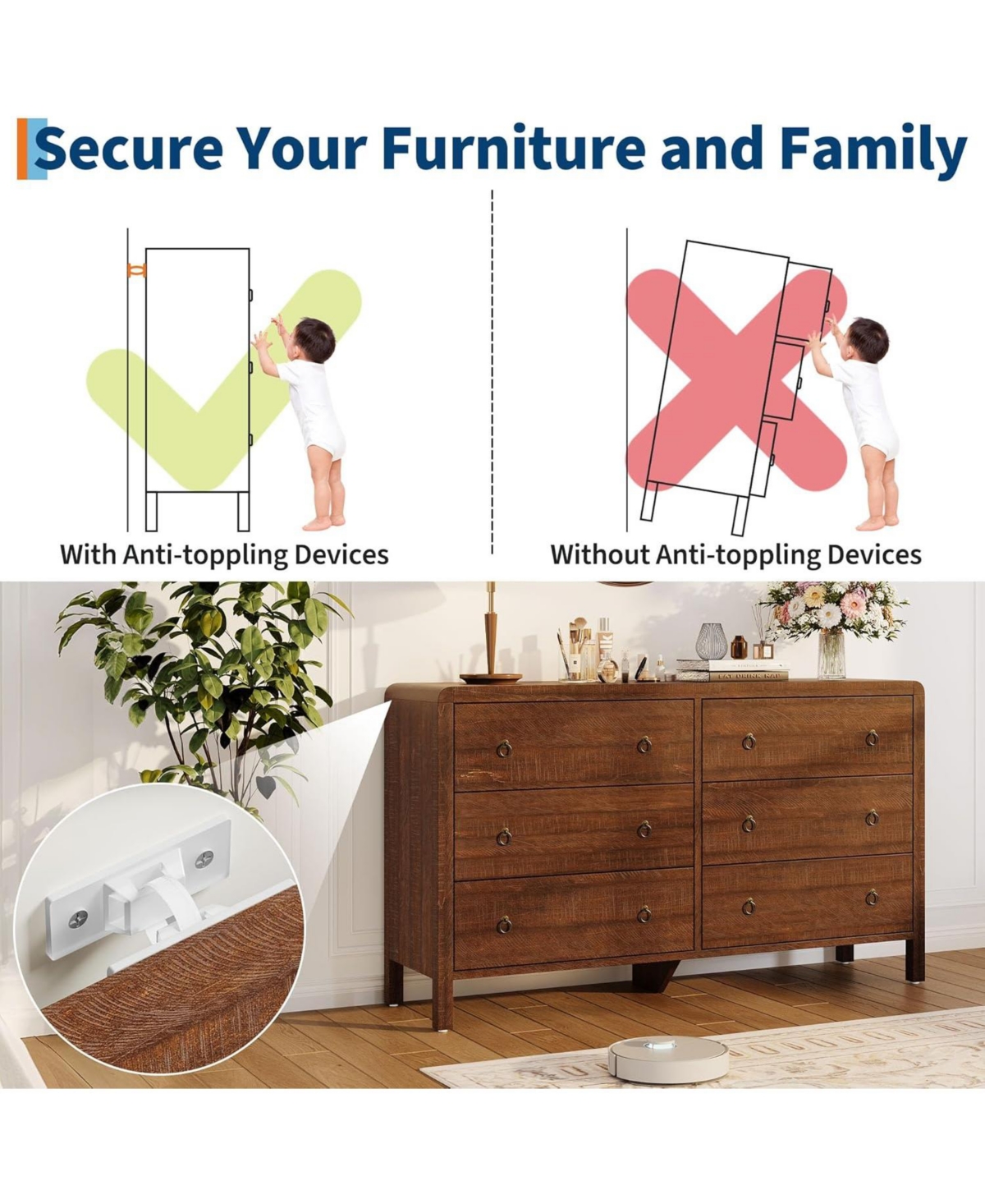 gaomon Modern 6 Drawer Dresser for Bedroom, Dresser Tv Stand with Large Drawers, Walnut Natural Texture