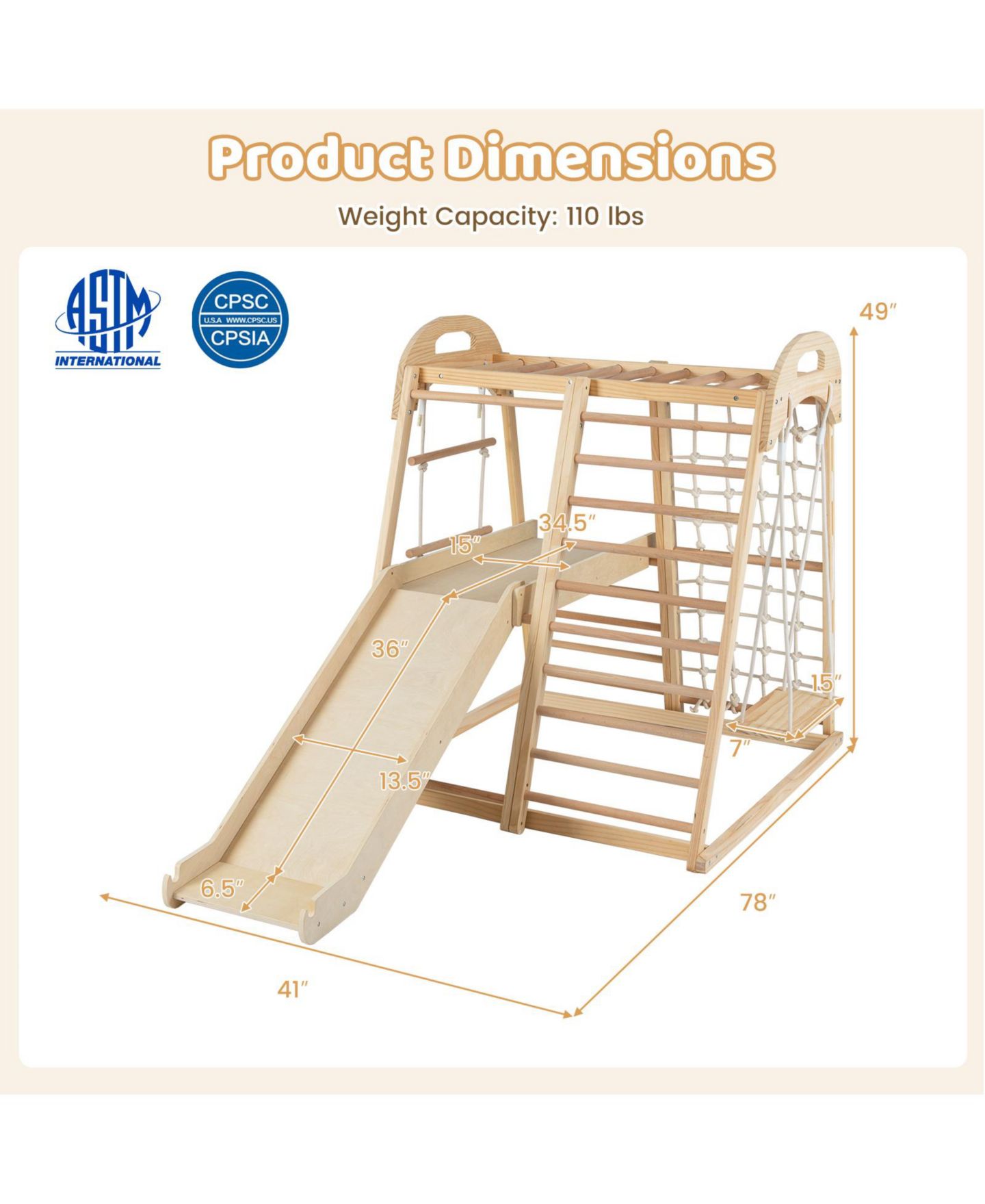 Детская игрушка Mecale 8-in-1 Montessori Wooden Jungle Gym Climber with Slide, Monkey Bars & Climbing Net, Ages 3-5, цвет: Коричневый — фото 3