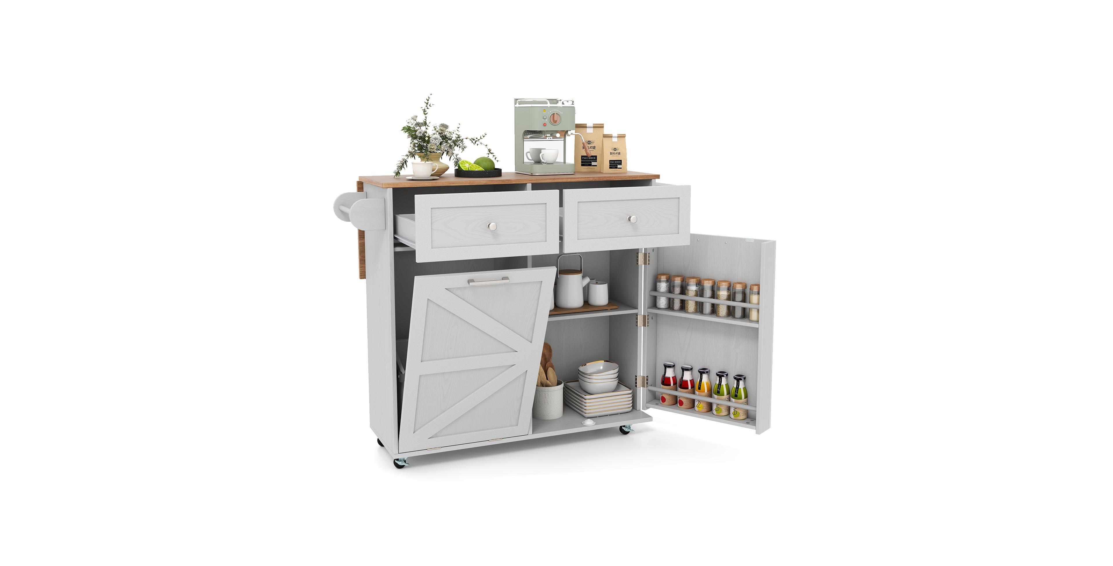 Volenca Wood Rolling Kitchen Island Cart with Trash Can Cabinet, Storage Shelves & Rubber Wheels
