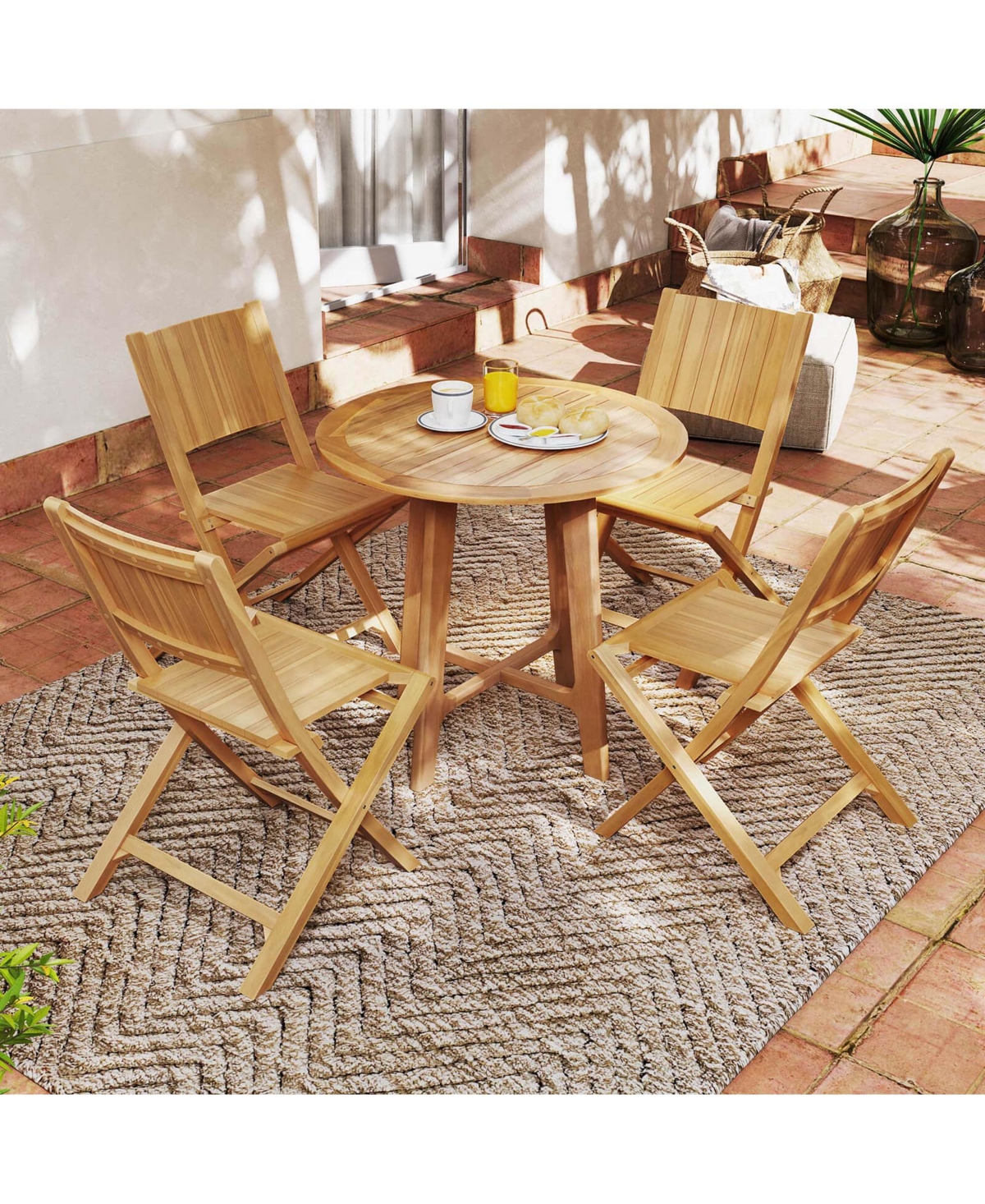 2 Pcs Folding Patio Chairs with Inclined Backrest Teak Wood Outdoor Dining Chairs