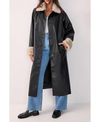 Women's Faux Leather Longline Fur Trim Coat