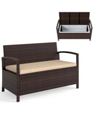 2-Seat PE Wicker Patio Storage Bench with Cushion and Deck Box