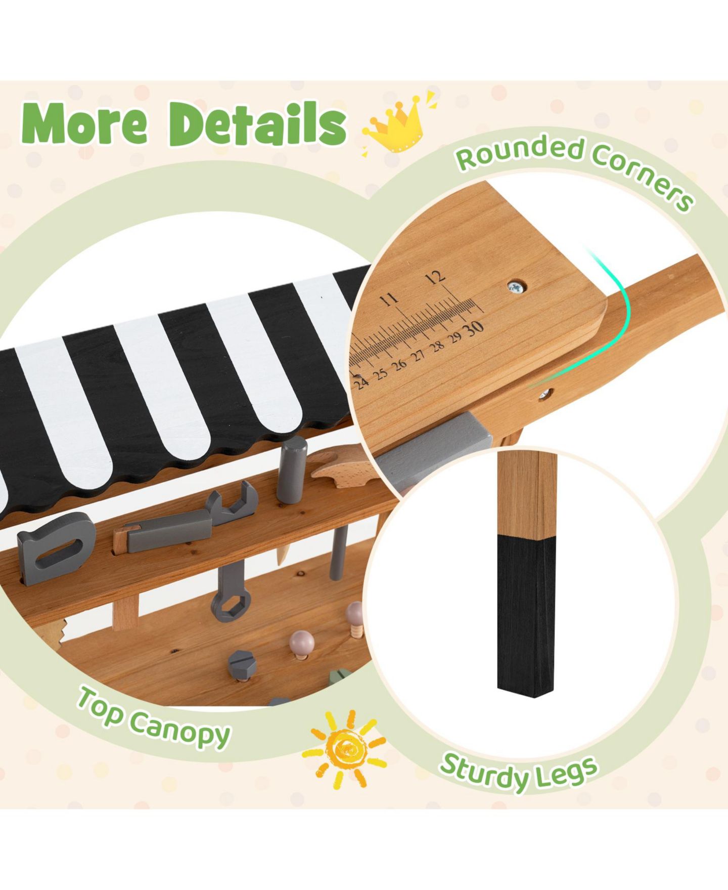 Детская игрушка Mecale 2-in-1 Rolling Wooden Tool Bench, Ages 3+, цвет: Коричневый — фото 7