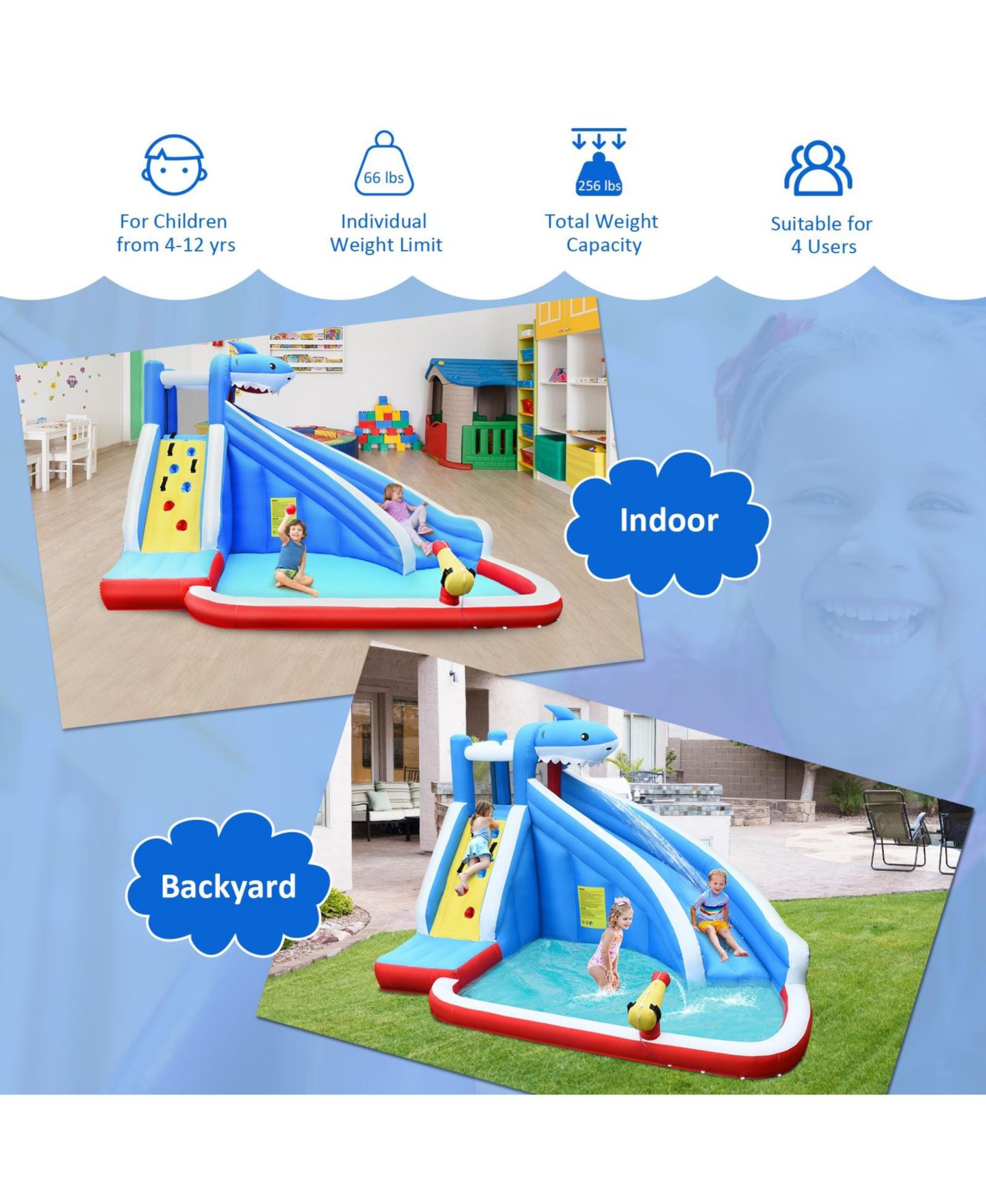 Детская игрушка Mecale Inflatable Shark Bounce House with Water Slide & Climbing Wall, Ages 4-12, цвет: Синий — фото 7