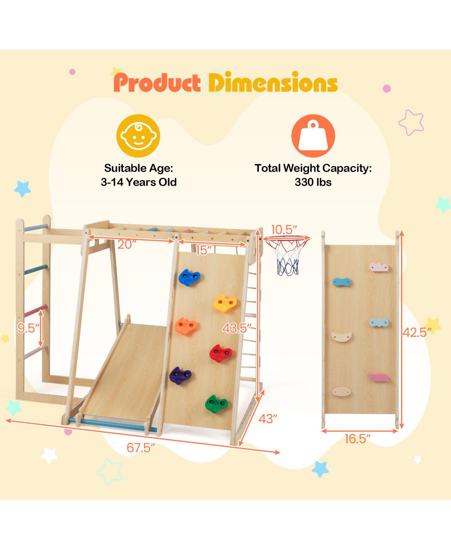 Детская игрушка Mecale 6-in-1 Birch Wood Indoor Jungle Gym with Slide, Monkey Bars & Basketball Hoop, Ages 3-14, цвет: Коричневый — фото 3