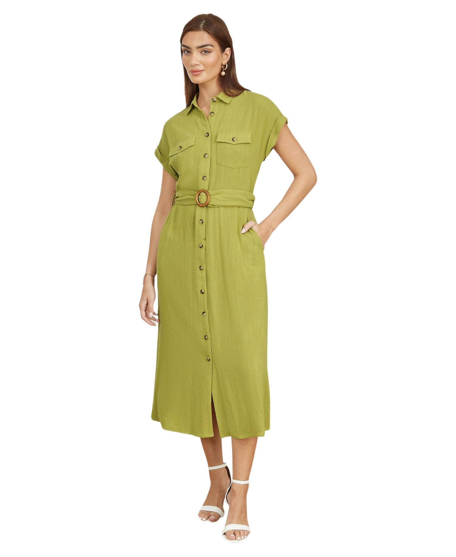 Women's Linen Look Midi Shirt Dress