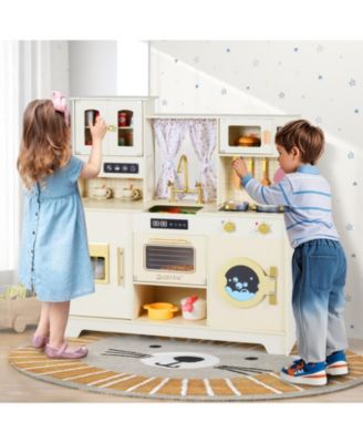 Wooden Toy Kitchen Playset with 14 Accessories for Kids Ages 3