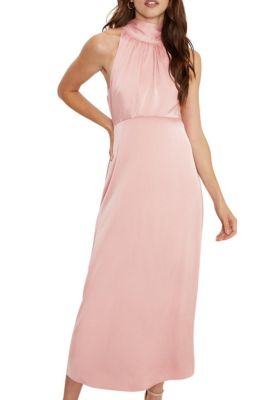 Women's Satin Halter Neck Midi Bridesmaid Dress
