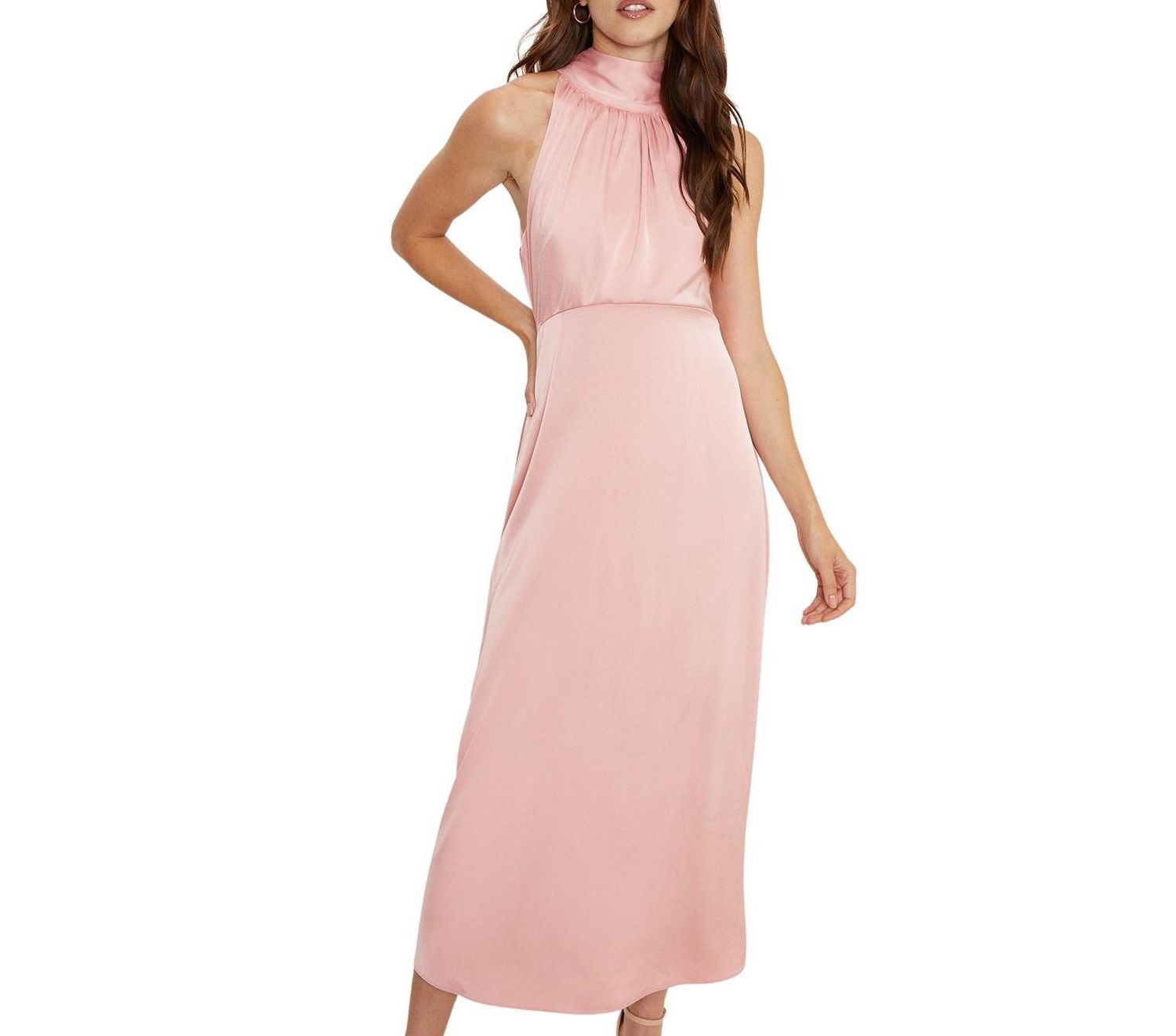 Women's Satin Halter Neck Midi Bridesmaid Dress