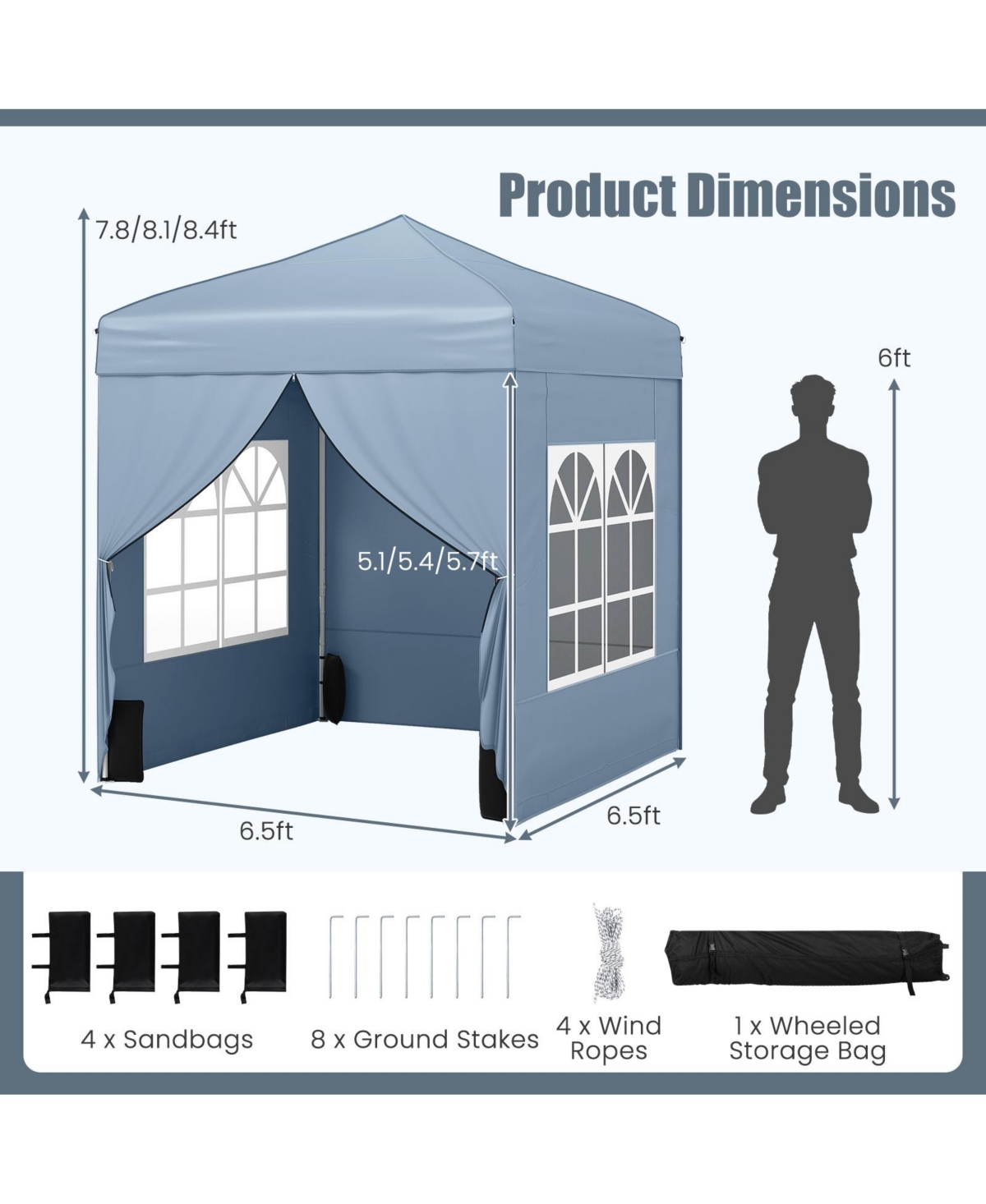 Mecale 6.5x6.5 ft Pop-Up Canopy Tent with 4 Sidewalls and Wheeled Carry Bag