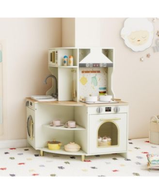 Kids Play Kitchen, Wooden Corner Kitchen Playset with Working Faucet & Sink