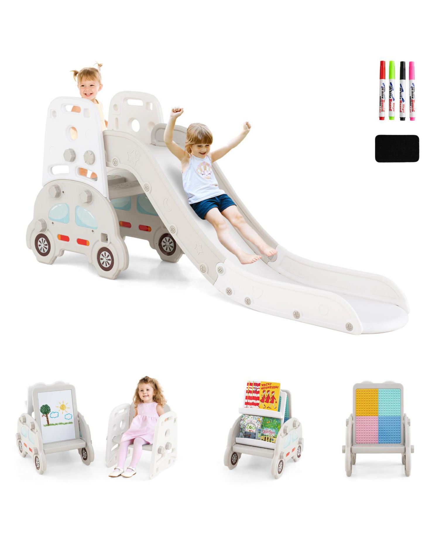 Toddler 5-in-1 Indoor Playground Slide Set with Easel, Stool and Book Rack