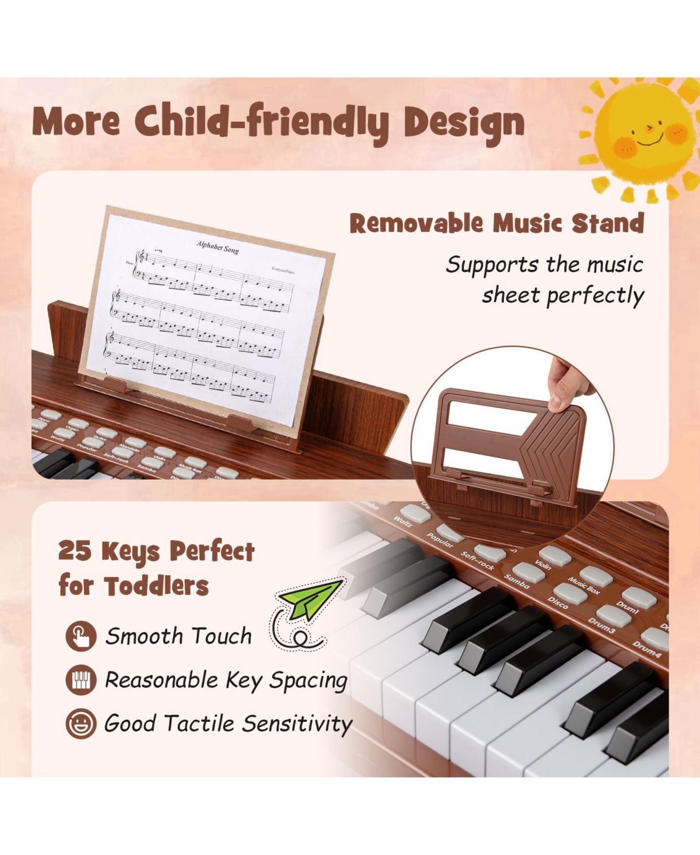 Детская игрушка Mecale 25-Key Children's Piano Keyboard with Light-Up Teaching Mode, Adjustable Speed & Volume, Ages 3+, цвет: Коричневый — фото 6
