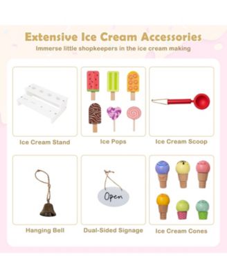 Wooden Ice Cream Cart for Kids, 2-in-1 Grocery Store Playset with Display Shelves