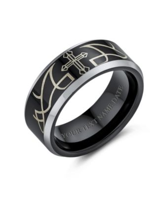 Laser Etched Religious Black Christ Thorn Cross Titanium Band Ring Comfort Fit