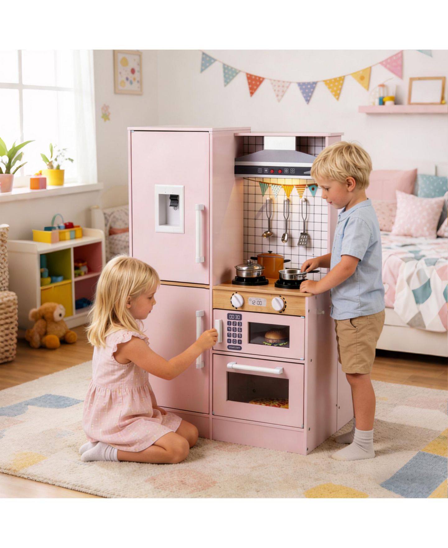 Детские игрушки Mecale Dual-Sided Kids Play Kitchen with Water Dispenser, 10-Piece Set, Ages 3+, цвет: Розовый — фото 2