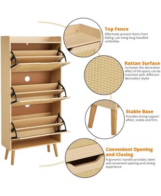 Shoe Cabinet Hidden Shoe Storage with 3 Flip Rattan Flip-Drawer and Anti-Tip Design, Shoe Cabinet, 18-20 Pairs Storage Organizer, MDF Frame