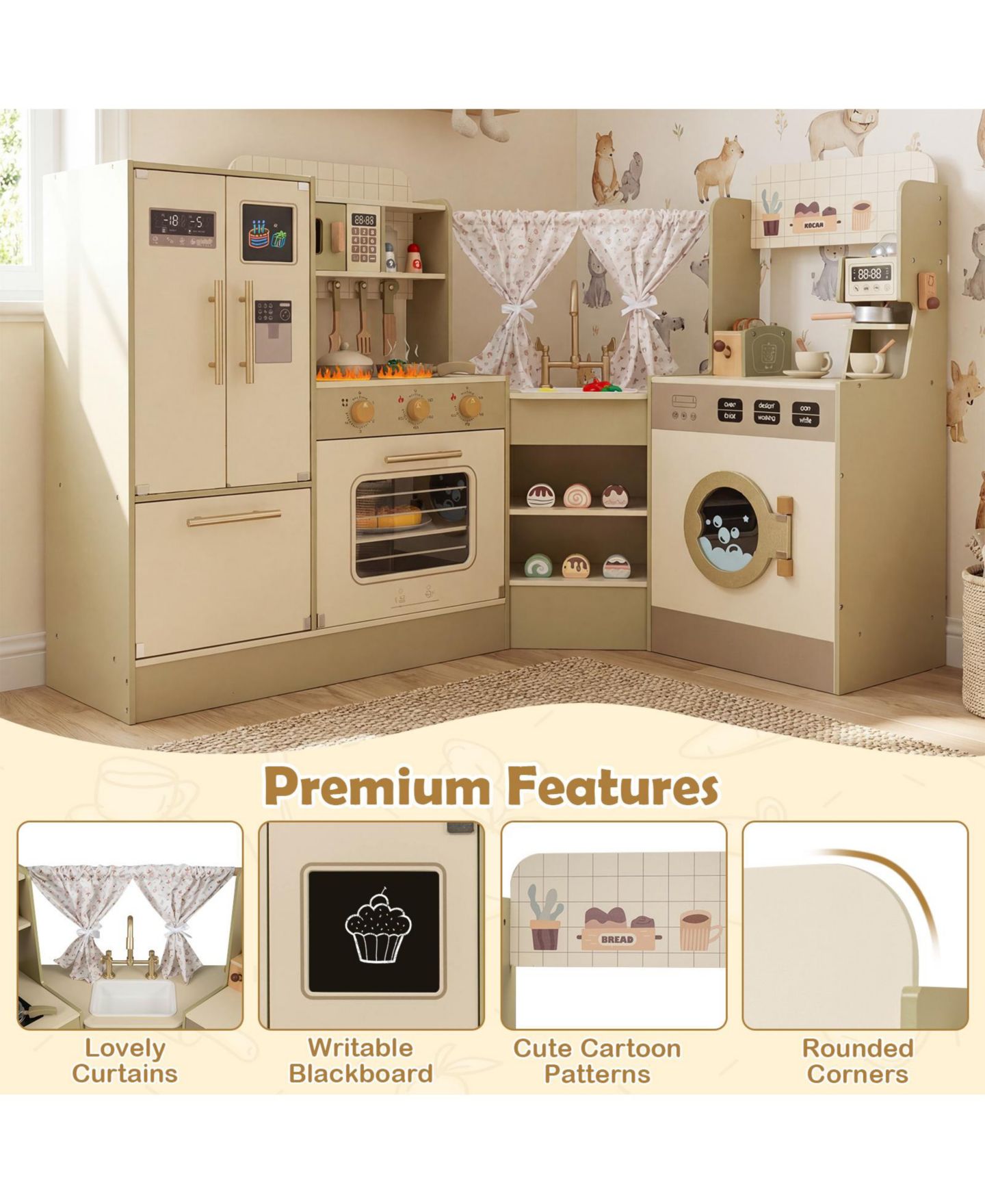 Детские игрушки Mecale Corner Play Kitchen with Interactive Knobs, 21-Piece Set, Ages 3+, цвет: Коричневый — фото 8