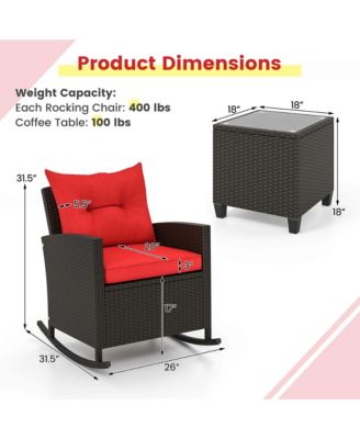 3 PCS Patio Wicker Rocking Set with Tempered Glass Table and Soft Cushions Outdoor