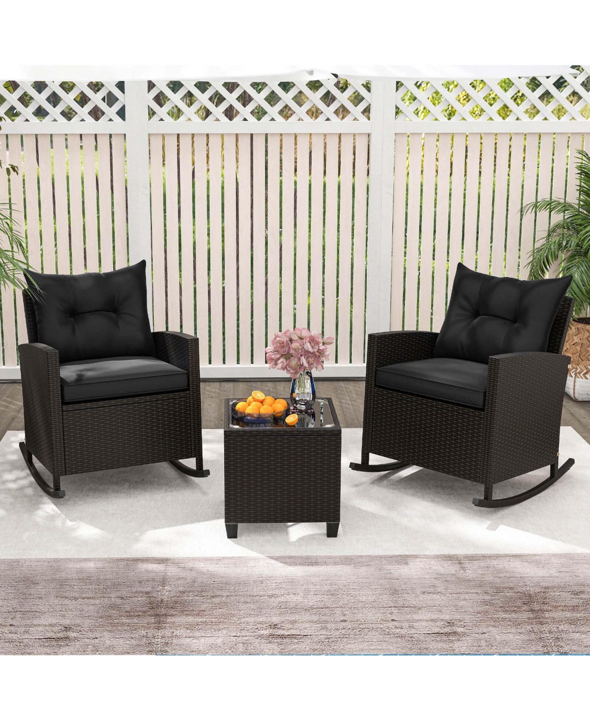 3 Pcs Patio Wicker Rocking Set with Tempered Glass Table & Soft Cushions Outdoor