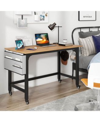 2 PCS Rolling Computer Desk Metal Frame PC Laptop Table Wood Top Study Workstation