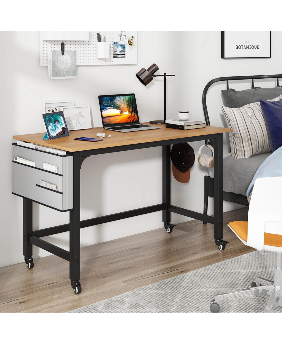 2 Pcs Rolling Computer Desk Metal Frame Pc Laptop Table Wood Top Study Workstation