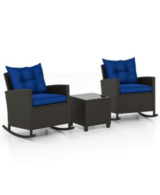 3 PCS Patio Wicker Rocking Set with Tempered Glass Table & Soft Cushions Outdoor