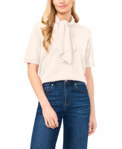 Женский свитер CeCe Tie Neck Short-Sleeve, цвет: Овсяный
