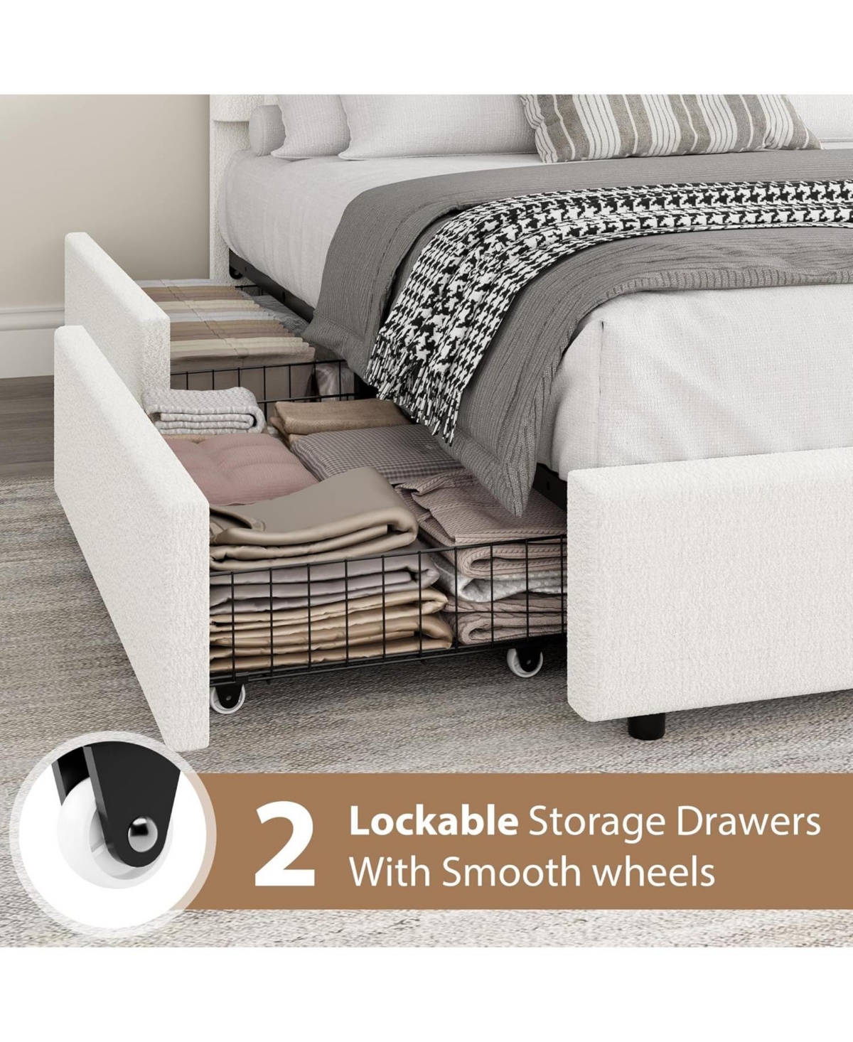 gaomon Size Boucle Bed Frame with 2 Storage Drawers,Soft Upholstered Platform Bed Frame with Round Headboard,Heavy Duty,Wooden Slats,Noise