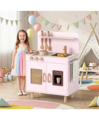 Wooden Pretend Kitchen Playset with Realistic Ice Maker, Fun Interactive Toy