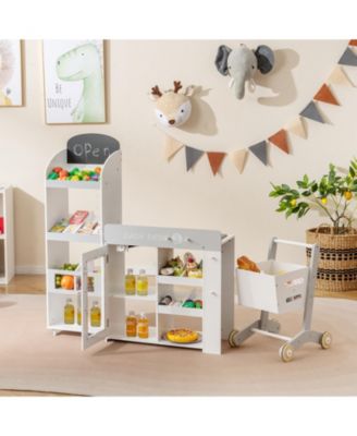 Kids Grocery Store Playset, Convertible Wooden Play Store with Shopping Cart for Pretend Play