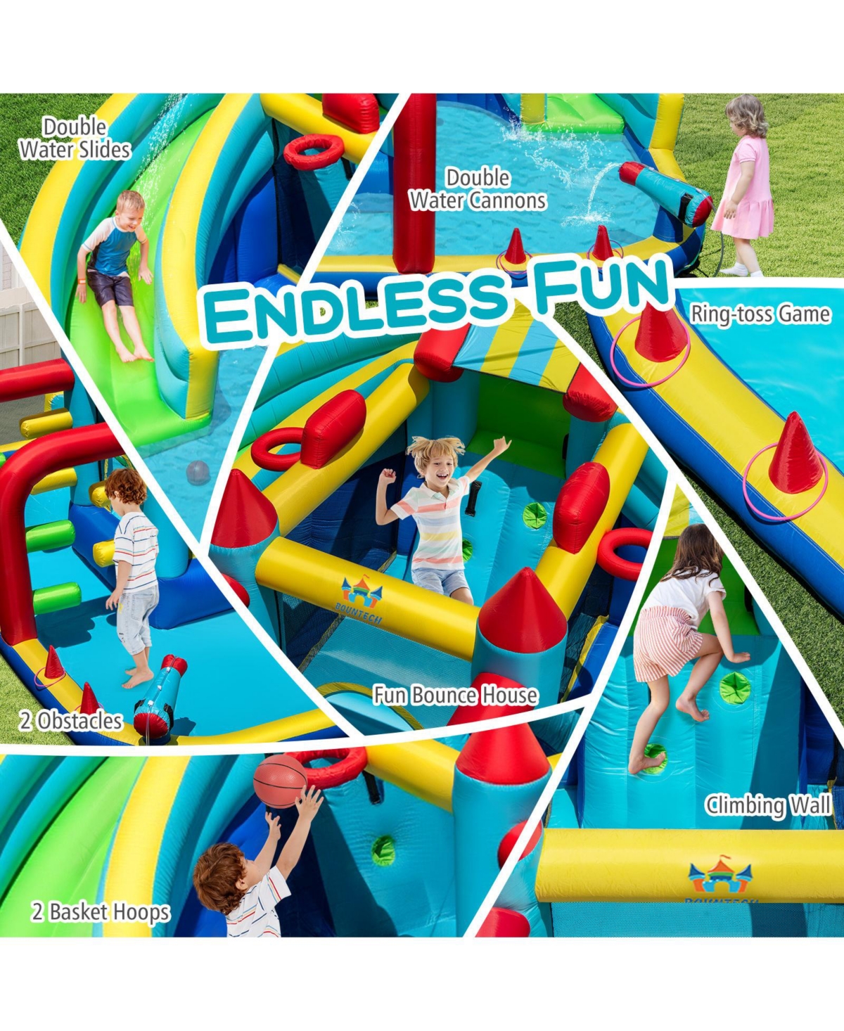 Mecale Inflatable Double Water Slide Park with Obstacle Course & Basketball Hoops