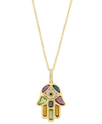 Multi-Gemstone (2 ct. t.w.), Black Diamond (1/10 ct. t.w.) and White Diamond (1/20 ct. t.w.) Pendant Necklace in 14k Yellow Gold