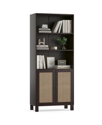 71" Tall Bookshelf, 5 Tier Wood Storage Bookcase with Rattan Doors and Ample Storage Space for Living Room, Home Office