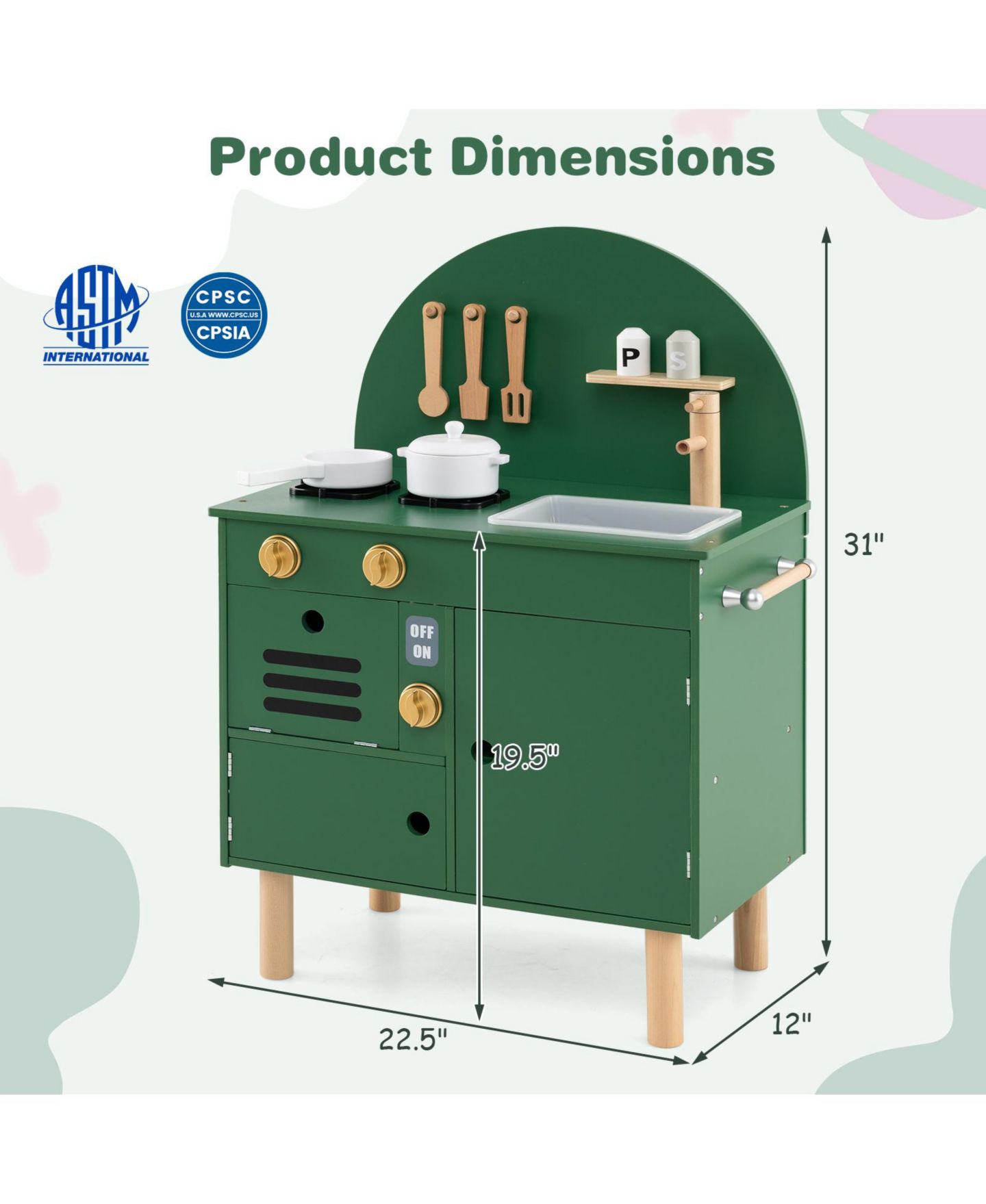 Детская игрушка Mecale Wooden Play Kitchen with Stove, Microwave, Oven, and Sink, Ages 3+, цвет: Зелёный — фото 3