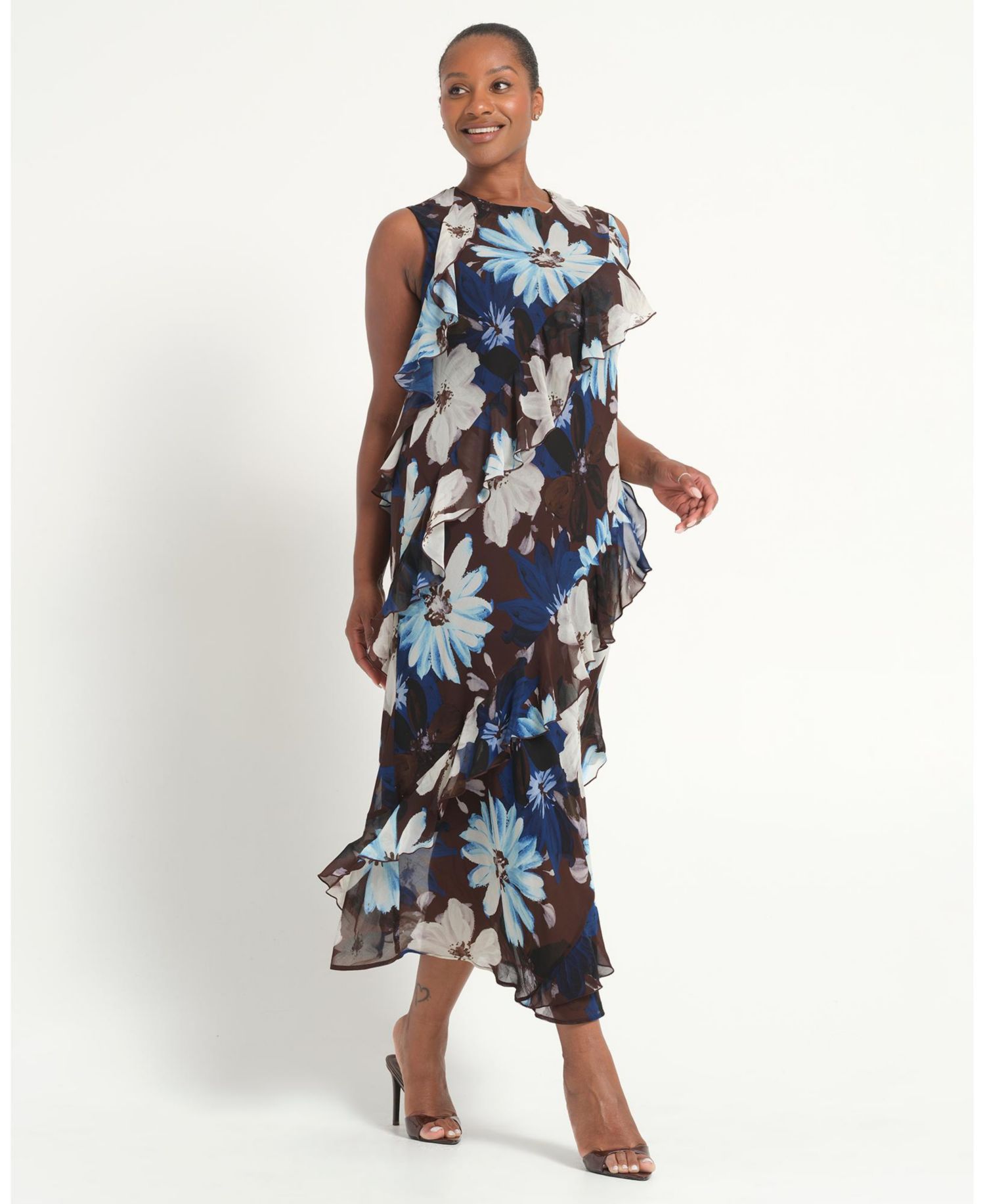 Plus Size Aveline Floral Ruffle Sleeveless Midi Dress