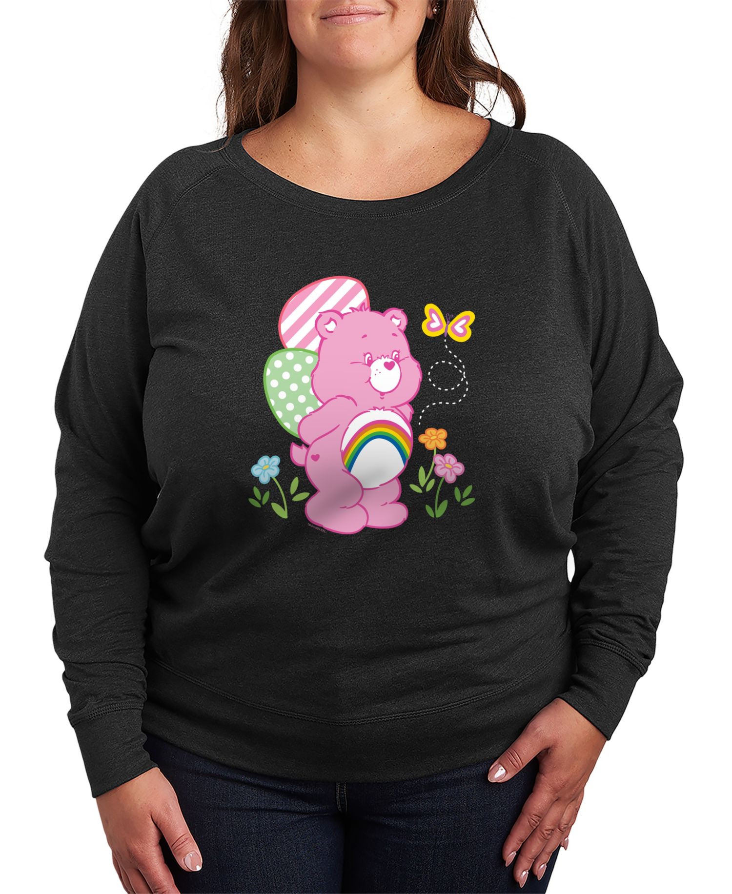 Plus Size Care Bears Cheer Bear Easter Scene French Terry Long-Sleeve T-Shirt