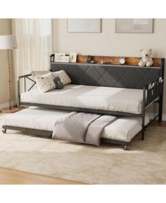 Daybed with Trundle and LED Light, Twin Size Bed Frame with Upholstered Headboard and Charging Station, Metal Frame Sofa Day Bed for Bedroom