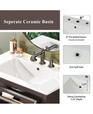 Bathroom Vanity with Sink, Modern Solid Wood Cabinet with Textured Glass Doors, Flip-Out Tray & Adjustable Shelf