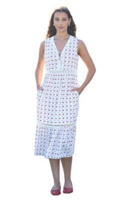 Women's Cherry Print Lace Trim Cotton Midi Dress