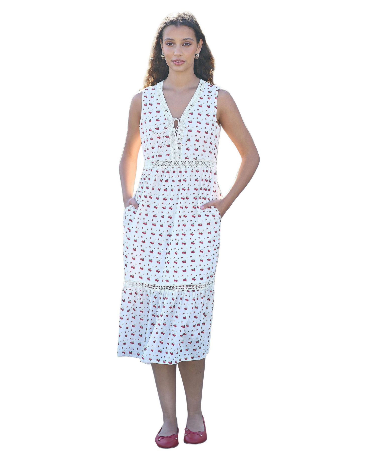 Women's Cherry Print Lace Trim Cotton Midi Dress